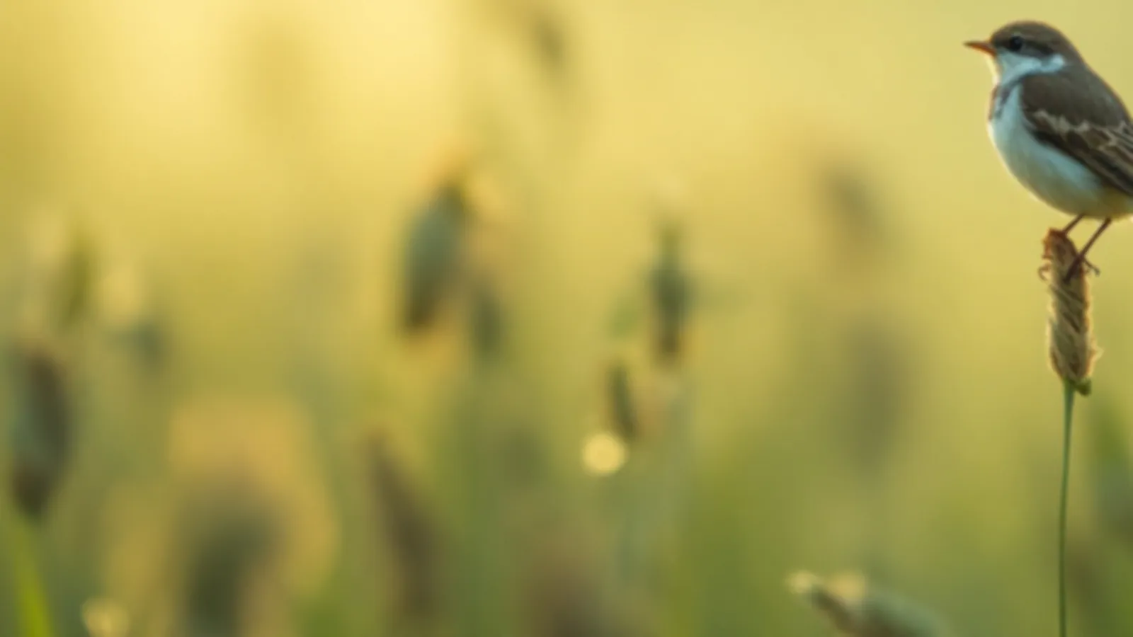 A small lark perched on a tall grass stem in a misty meadow at dawn, the FinanceLark view of payday advance online, $100 – $5,000